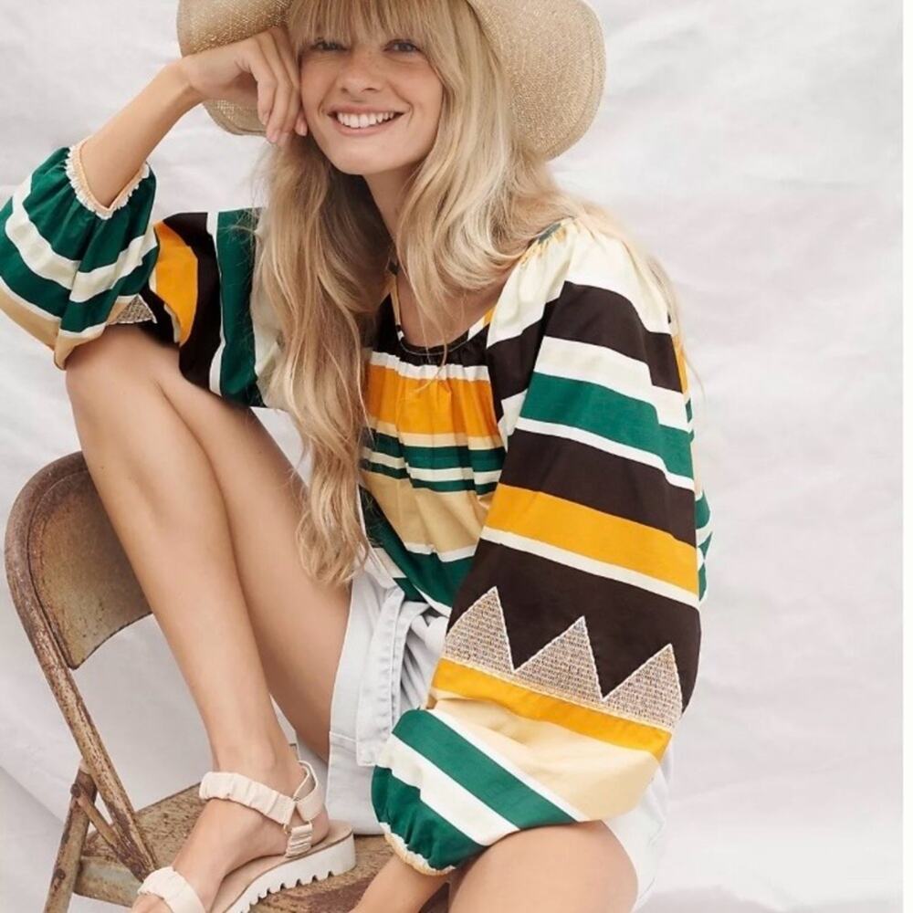 Anthropologie Maeve Clea Striped Long Puff Sleeve Cotton Peasant Blouse MEDIUM